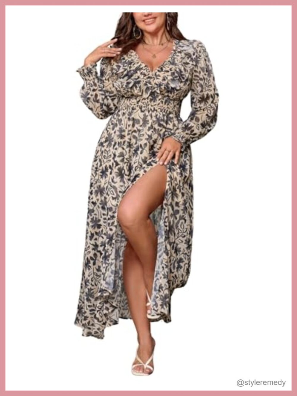 Women's Long Sleeve Chiffon Floral Maxi Dress with Slit